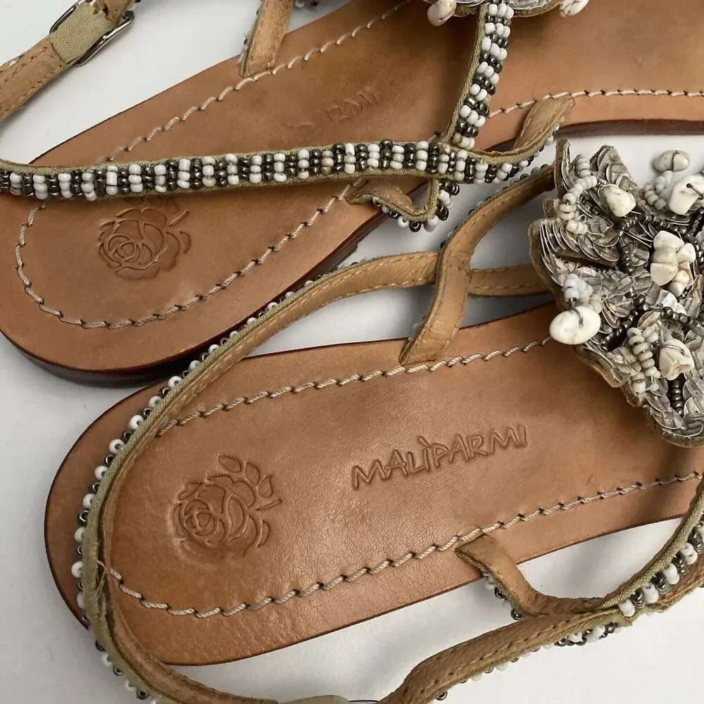 Maliparmi Sandal T-Strap Flat Leather Embellished Thong Sequin Rock Bead…